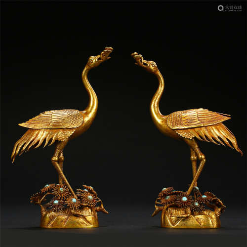 PAIR OF CHINESE GILT SILVER CRANE