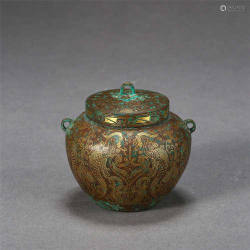 CHINESE SILVER GOLD INLAID BRONZE LIDDED WATER JAR