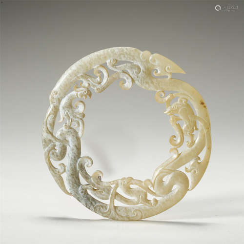 CHINESE ANCIENT JADE BIRD AND DRAGON CIRCLE PLAQUE