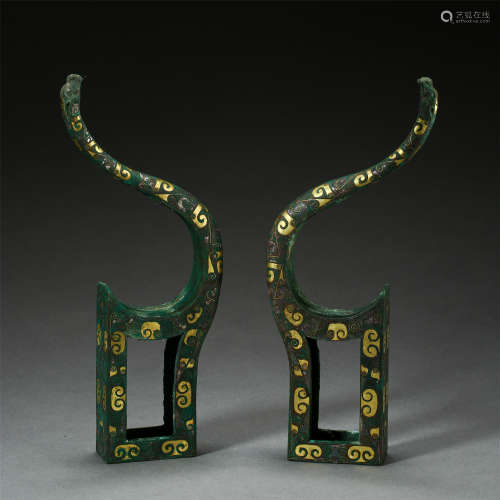 PAIR OF CHINESE SILVER GOLD INLAID BRONZE ROW PARTS