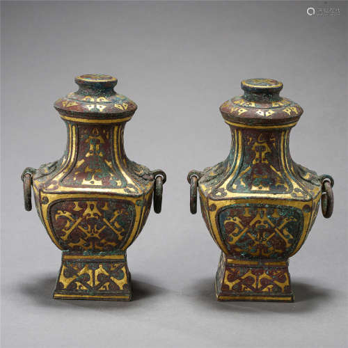 PAIR OF CHINESE GOLD INLAID BRONZE LIDDED SQUARE VASE