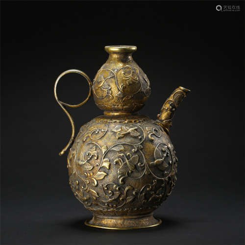 CHINESE GILT SILVER BIRD AND FLOWER GOURD SHAPED KETTLE