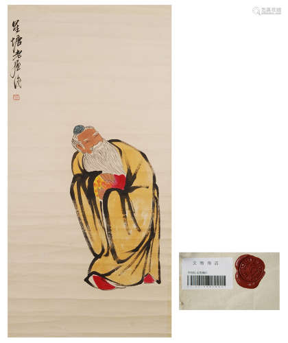 CHINESE SCROLL PAINTING OF OLD MAN WITH PEACH