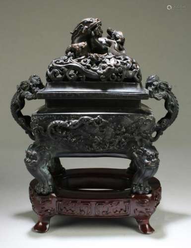 A Rectangular Shaped Bronze Censer with Lid Cover.