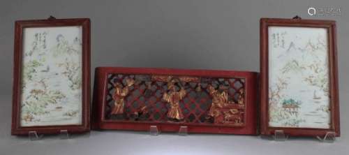 A Pair of Chinese Wood Framed Porcelain Plaque and