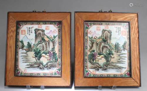 A Pair of Chinese Hardwood Framed Porcelain Plaque