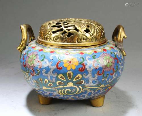 Chinese Cloisonne Tripod Hand Warmer With Handles