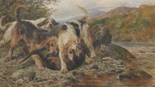 John Sargent Noble, RBA(British, 1848-1896) 'Bowled Over' Otter Hounds in Dumfriesshire