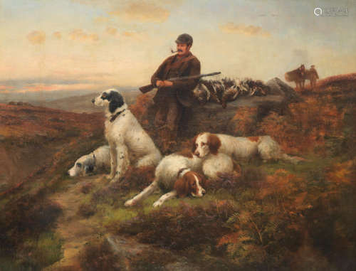 William Henderson(British, 1844-1904) The Day's Bag - On the Moors, Setters and Ghillie waiting for the Game Pony