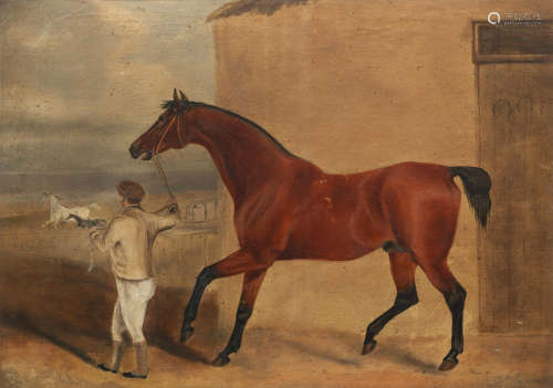 Joshua Lawrence(British, active 1840-1842) A Bay Stallion with Mare and Foal Beyond