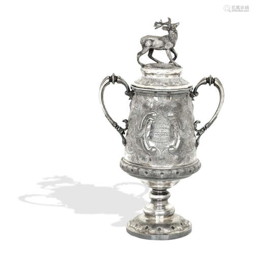 A large Victorian silver plated trophy cup and cover, awarded to boxer Robert Barley in 1873