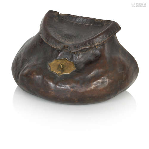 A late 18th century leather pot-bellied fishing creel