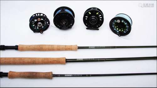 Three Sage fly rods and two Abel reels