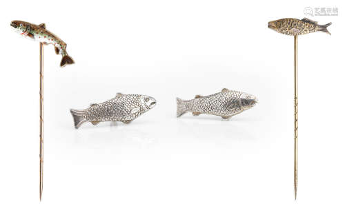 Fishing interest: A pair of buttons, a 9ct gold and enamel stick-pin and another stick-pin