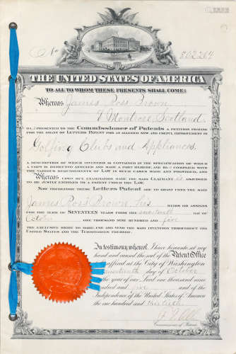 JAMES ROSS BROWN: THE ORIGINAL LETTERS PATENT DATED 17TH OCTOBER  1905