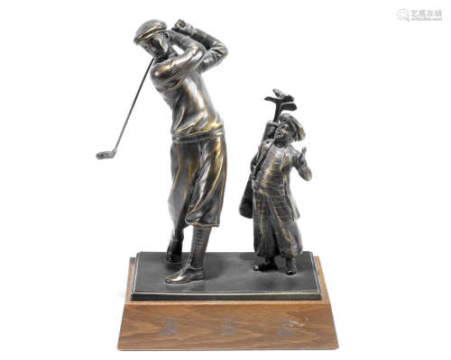A 1920's patinated bronze study of a gentleman golfer and caddy
