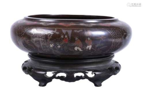 A Chinese inlaid and lacquered bronze censer and stand