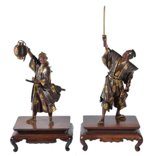 Gyokko: A Pair of Japanese Parcel Gilt Bronze Figures