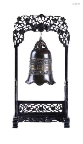 A Chinese bronze 'longevity' bell and hardwood stand