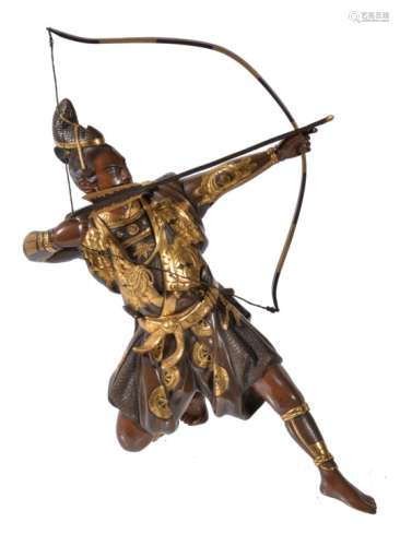 A Japanese Parcel Gilt Bronze Figure of an Archer kneeling on his right knee and leaning back as he