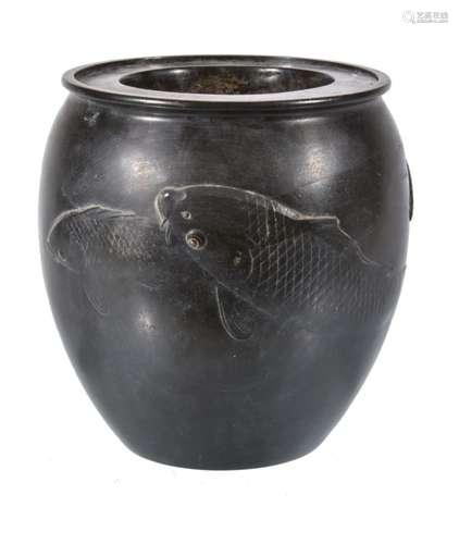 A Japanese Bronze Bowl of ovoid form cast in relief with carp