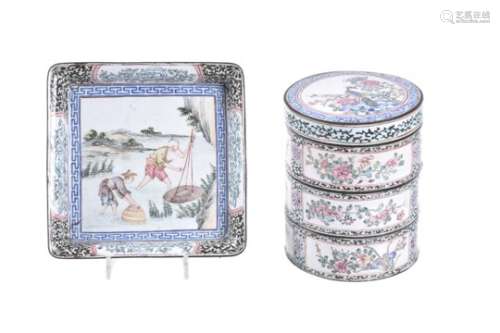 A good Chinese Canton enamel three-tiered box and cover