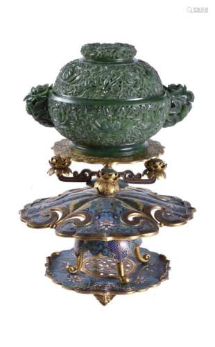 A Chinese spinach jade censer with cloisonne stand