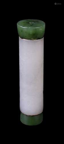 A Chinese inscribed white and spinach jade cylindrical pendant