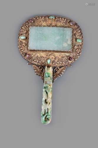 A Chinese Jadeite and silver-gilt hand mirror