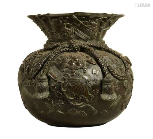 A Large Japanese Bronze Vase in the form of a large treasure sack tied at the neck with a tassled co