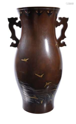 A Kaga Style Bronze Vase of inverted baluster form with broad neck and applied to the shoulder with