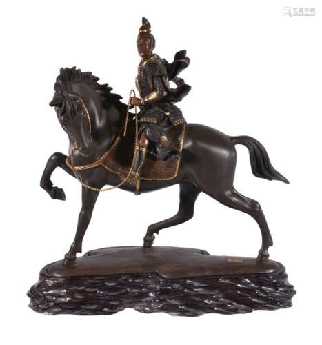 Satomitsu: A Japanese Miya-O style Bronze Figure of a Mounted Warrior dressed in full armour and wea