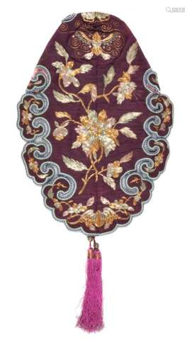 A Chinese silk embroidered aubergine satin-silk young girl's hat
