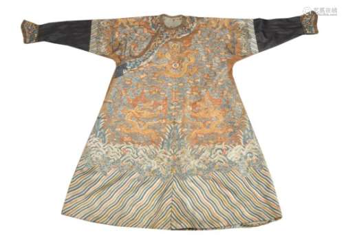 A Chinese Imperial chestnut silk-ground embroidered dragon robe