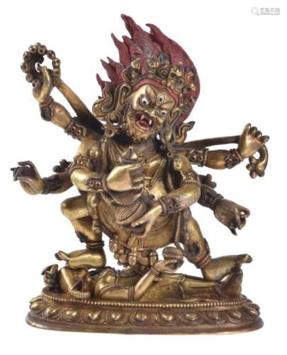 A Sino-Tibetan gilt-bronze figure of Shadbhuja Mahakal