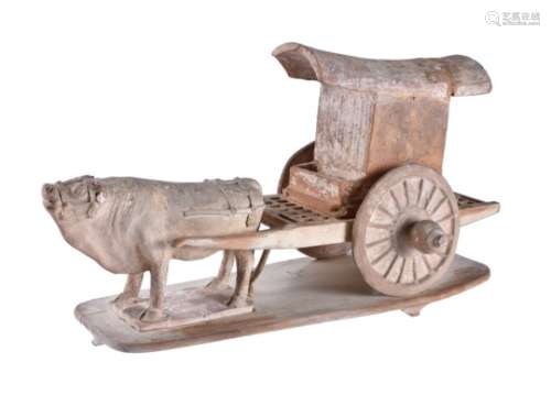 A Chinese straw-glazed pottery bullock and cart
