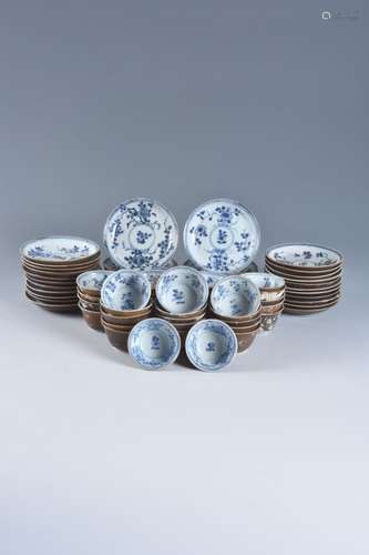 Thirty-six Ca Mau 'Wild Cherry' shipwreck blue and white tea bowls and saucers