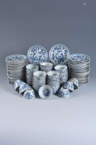 Sixty-Five Ca Mau 'bird and insect' pattern blue and white saucers and fifty-three tea bowls