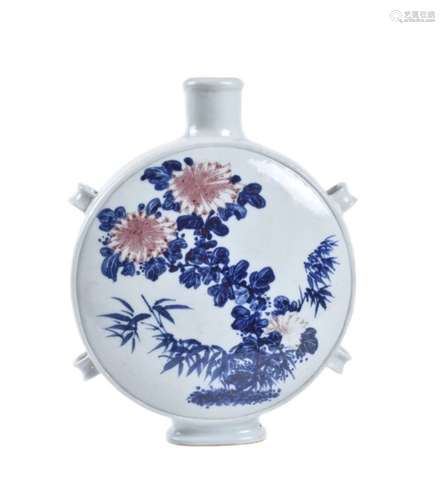 A Chinese blue and white and underglaze red moon flask