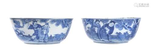 A pair of Chinese blue and white punch bowls