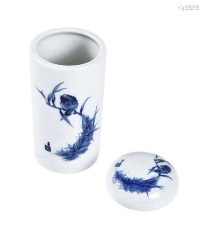 A small Chinese blue and white brush pot and seal paste cover box