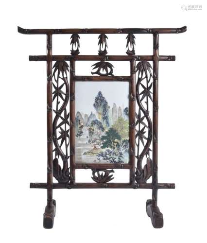 A framed Chinese famille rose 'Landscape' panel