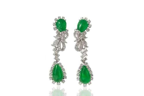 CHINESE JADEITE AND DIAMOND DROP EARRINGS