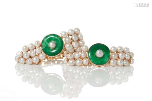 TWO CHINESE JADEITE & PEARL BRACELETS