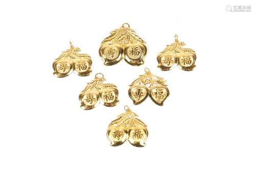 SIX CHINESE DOUBLE PEACH PENDANTS