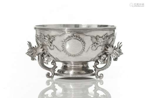 CHINESE EXPORT SILVER BOWL WITH DRAGON HANDLES
