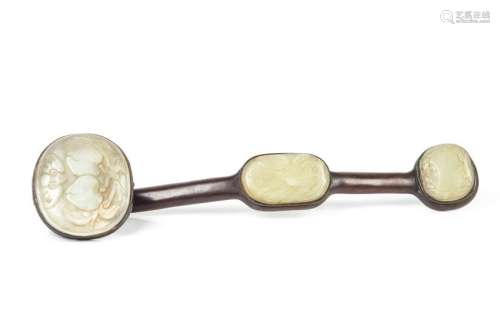 CHINESE CARVED JADE INSET WOOD RUYI SCEPTER