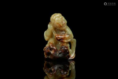 CHINESE CELADON JADE CARVED FOREIGNER AND LION