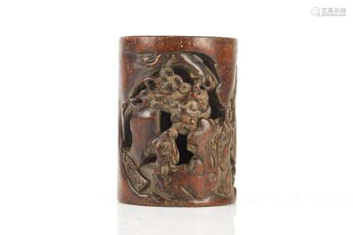 CHINESE AGARWOOD CARVED BRUSHPOT