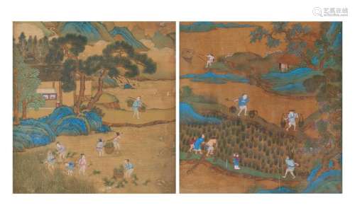 TWO FRAMED CHINESE RICE FARMING PAINTING ON SILK